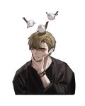  1boy animal_on_head bird bird_on_head black_shirt expressionless light_brown_hair male_focus on_head original rinotuna shirt short_hair simple_background solo upper_body watch watch white_background 