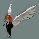  1boy angel_devil_(chainsaw_man) angel_wings black_necktie chainsaw_man closed_mouth grey_background hair_between_eyes halo hands_in_pockets highres long_hair male_focus necktie red_eyes redhead shirt simple_background solo two_pokemon white_footwear white_shirt white_wings wings 