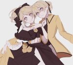  1boy 1girl aku_no_meshitsukai_(vocaloid) aku_no_musume_(vocaloid) allen_avadonia ascot bags_under_eyes bare_shoulders black_bow black_ribbon blonde_hair blue_eyes bow bracelet brother_and_sister choker collarbone collared_jacket collared_shirt constricted_pupils crying crying_with_eyes_open detached_sleeves dress dress_bow earrings evillious_nendaiki false_smile flower frilled_dress frilled_sleeves frills grey_background grin hair_bow hair_ribbon hand_on_own_chest high_ponytail highres jacket jewelry kagamine_len kagamine_rin koine2l23 looking_at_viewer miku_symphony_(vocaloid) off-shoulder_dress off_shoulder pale_skin ribbon riliane_lucifen_d&#039;autriche rose runny_makeup shirt short_ponytail siblings skirt_hold smile streaming_tears swept_bangs tears twins updo vocaloid wide_sleeves yellow_choker yellow_dress yellow_flower yellow_jacket yellow_rose 
