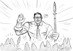  1boy bat_(animal) glasses greyscale monochrome oaksentinel orc polearm randon_(vtuber) salaryman spear tagme tusks vesties_(noir_vesper) waving weapon 