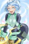  1girl :d absurdres blue_bodysuit blue_eyes blue_hair bodysuit boku_no_hero_academia drill_hair energy fengling_(furin-jp) gloves green_bodysuit hadou_nejire hair_horns highres light_blue_hair looking_at_viewer multicolored_bodysuit multicolored_clothes official_alternate_hair_length official_alternate_hairstyle open_mouth short_hair smile solo superhero twin_drills yellow_gloves 