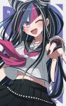  1girl ;d absurdres black_hair black_nails black_sailor_collar black_skirt blue_hair blush collarbone danganronpa_(series) danganronpa_2:_goodbye_despair fang hair_horns highres long_hair meiji_(meizi493) mioda_ibuki multicolored_hair nail_polish neckerchief one_eye_closed open_mouth piercing pink_eyes pink_hair pink_neckerchief pleated_skirt purple_background sailor_collar school_uniform shirt skirt smile solo white_background white_hair 