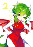  1girl absurdres blush breasts china_dress chinese_clothes draco_centauros dragon_girl dragon_horns dragon_tail dragon_wings dress elbow_gloves gloves green_hair grin hand_on_own_hip highres horns looking_at_viewer medium_breasts offbeat one_eye_closed pants parted_lips pointy_ears puyopuyo red_dress short_hair simple_background smile solo tail teeth v white_background white_gloves white_pants wings 