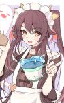  1girl :d alternate_costume apron boo_tao_(genshin_impact) border bright_pupils brown_dress brown_hair caffeinechara cup detached_sleeves dress flower-shaped_pupils frilled_dress frills genshin_impact ghost highres holding holding_cup hu_tao_(genshin_impact) long_hair long_sleeves looking_at_viewer maid maid_headdress orange_eyes qi_maid simple_background slime_(genshin_impact) smile solo symbol-shaped_pupils twintails white_apron white_border white_pupils 