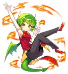  1girl absurdres arm_up black_pants breasts china_dress chinese_clothes closed_mouth draco_centauros dragon_girl dragon_horns dragon_tail dragon_wings dress elbow_gloves fire gloves green_hair highres horns looking_at_viewer medium_breasts offbeat pants pointy_ears puyopuyo red_dress red_footwear short_hair simple_background sleeveless sleeveless_dress solo tail v white_background white_gloves wings 