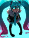  1girl backlighting blue_eyes blue_hair boots detached_sleeves dreamscreep glowing glowing_eyes hair_between_eyes hatsune_miku highres leaning_forward necktie open_mouth pleated_skirt self-upload shirt skirt sleeveless sleeveless_shirt solo thigh_boots twintails vocaloid 