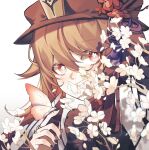  1girl black_nails bright_pupils brown_hair brown_headwear bug butterfly closed_mouth flower flower-shaped_pupils genshin_impact hair_between_eyes hat hat_flower hat_tassel highres hu_tao_(genshin_impact) long_hair looking_at_viewer portrait qxs red_eyes red_flower simple_background solo symbol-shaped_pupils white_background white_flower white_pupils 
