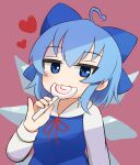  1girl ahoge blue_bow blue_eyes blue_hair bow candy cirno commentary detached_wings eating english_commentary ferdy&#039;s_lab food hair_bow heart heart_ahoge highres holding holding_candy holding_food holding_lollipop ice ice_wings lollipop long_sleeves looking_at_viewer short_hair simple_background solo touhou upper_body wings 