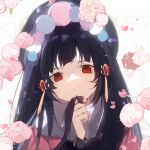 1girl black_hair bonnet closed_mouth genshin_impact hand_on_own_chin highres long_hair long_sleeves looking_at_viewer pom_pom_(clothes) portrait red_eyes simple_background solo white_background wkwk0217 yun_jin_(genshin_impact)