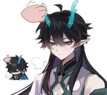  1boy absurdres aqua_eyes bare_shoulders black_hair chibi chinese_clothes dan_heng_(honkai:_star_rail) dan_heng_(imbibitor_lunae)_(honkai:_star_rail) dragon_horns earrings ego_(ego_inp) highres honkai:_star_rail honkai_(series) horns jewelry long_hair male_focus pointy_ears red_eyeliner simple_background solo upper_body white_background 