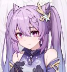  1girl black_gloves bright_pupils closed_mouth cone_hair_bun detached_sleeves dress flower genshin_impact gloves hair_between_eyes hair_bun hair_flower hair_ornament hands_on_own_chest irain keqing_(genshin_impact) long_hair looking_at_viewer portrait purple_dress purple_hair solo twintails violet_eyes white_pupils zoom_layer 