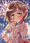  1girl aerial_fireworks animal_print blush bow breasts brown_hair closed_mouth dot_nose fireworks fish_print floral_print flower from_side goldfish_print green_eyes hair_flower hair_ornament hand_fan hand_up highres holding holding_fan idolmaster idolmaster_cinderella_girls idolmaster_cinderella_girls_starlight_stage japanese_clothes kimono large_breasts looking_at_viewer maekawa_miku night night_sky obi outdoors paper_fan pink_flower pink_kimono print_kimono red_bow red_flower sash short_hair sky smile solo tori_ririisu uchiwa upper_body waist_bow yukata 