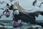  1girl 974605231 absurdres arknights bird black_cape black_dress black_gloves breasts cape capelet dress earrings gloves grey_eyes grey_hair gun handgun head_wings highres holding holding_lantern holstered irene_(arknights) jewelry lantern long_hair long_sleeves looking_at_viewer pantyhose pink_skirt puffy_long_sleeves puffy_sleeves rapier revolver rock scar scar_across_eye scar_on_face seagull simple_background skirt solo sword thigh-highs water weapon white_capelet white_pantyhose white_thighhighs wings 