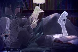  1boy 1girl black_hair blue_eyes book closed_mouth creature dim_lighting dress fon-due_(fonfon) gloves holding holding_book keele_zeibel library light_particles long_hair looking_at_another lying meredy_(tales) on_floor open_book pantyhose ponytail purple_hair quickie_(tales) reading robe smile tales_of_(series) tales_of_eternia twintails 