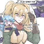  1boy 2girls alternate_size anger_vein armor black_bow black_dress black_gloves blonde_hair blush bow breastplate closed_mouth dress drill_hair fang gloves green_hair gwen_(league_of_legends) hair_between_eyes hair_bow hand_up hat highres league_of_legends long_hair multiple_girls pink_eyes poppy_(league_of_legends) purple_headwear teeth translation_request twin_drills twintails upper_teeth_only veigar white_dress witch_hat xayahsona_27 yordle 