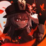  1girl ;d black_headwear black_nails boo_tao_(genshin_impact) bright_pupils brown_coat brown_hair coat dark_background flower flower-shaped_pupils genshin_impact ghost grin hair_between_eyes hat hat_flower hu_tao_(genshin_impact) light_blush long_hair long_sleeves looking_at_viewer looking_back one_eye_closed red_eyes smile solo symbol-shaped_pupils tipang_(gurimulguryo) v vision_(genshin_impact) white_pupils 