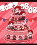  4boys age_progression aged_down beard beard_stubble birthday bodysuit boku_no_hero_academia character_cake chibi clone dated endeavor_(boku_no_hero_academia) facial_hair fedora food food_focus fruit hat highres jitome light_frown looking_at_viewer looking_up male_focus multiple_boys official_alternate_costume pink_theme scar scar_across_eye short_hair sideburns sparkle_background spiky_hair strawberry stubble yorozuyasamura6 