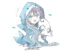  1girl absurdres animal_costume blue_eyes blue_hair blush chibi commentary_request commission fang full_body hair_between_eyes hatsune_miku highres hood hood_up long_hair long_sleeves looking_at_viewer notice_lines object_hug open_mouth shark_costume simple_background sitting smile solo stuffed_animal stuffed_seal stuffed_toy twintails very_long_hair vocaloid white_background xxxx_saki 