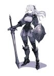  1girl armor breasts colored_skin full_body grey_eyes grey_hair highres holding holding_shield holding_sword holding_weapon jun_(navigavi) long_hair looking_at_viewer medium_breasts original ponytail shadow shield simple_background slit_pupils solo standing sword weapon white_background white_skin 