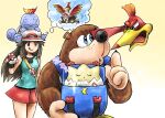  1boy 2girls animal_ears backpack bag banjo-kazooie banjo_(banjo-kazooie) bear_ears blue_eyes brown_eyes brown_hair feathers finger_to_mouth furry furry_male green_eyes holding holding_poke_ball in_bag in_container kazooie_(banjo-kazooie) kicdon leaf_(pokemon) multiple_girls on_head open_mouth poke_ball poke_ball_(basic) pokemon pokemon_(creature) pokemon_(game) pokemon_frlg pokemon_on_head red_skirt shushing skirt sleeping squirtle super_smash_bros. thought_bubble togepi white_headwear zzz 