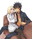  1boy 1girl :d ascot black_hair black_jacket black_pants black_pantyhose blonde_hair blue_eyes brown_shirt collared_jacket commentary_request couch crossed_legs dress eye_contact hand_on_another&#039;s_chin highres index_finger_raised jacket kamijou_touma leivinia_birdway long_sleeves looking_at_another medium_hair nanaheibei_3 on_couch pants pantyhose shirt short_dress sitting sitting_on_lap sitting_on_person smile spiky_hair toaru_majutsu_no_index white_ascot white_background white_dress 
