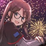  1girl aerial_fireworks black-framed_eyewear black_hair black_shirt blue_eyes blush breasts dot_nose fireworks from_side glasses grey_sleeves hair_bobbles hair_ornament hands_up hanetsuka highres holding_own_arm idolmaster idolmaster_shiny_colors long_hair long_sleeves looking_at_viewer mitsumine_yuika night night_sky open_mouth outdoors shirt sky small_breasts smile solo twintails upper_body 