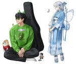  1boy 1girl black_hair black_pants blue_eyes blue_footwear blue_kimono bug butterfly butterfly_wings cat crossed_legs floral_print flower green-tinted_eyewear green_shirt hair_bun highres japanese_clothes kimono long_hair long_sleeves obi original pants print_kimono print_shirt profile rinotuna sandals sash shirt short_hair simple_background sitting socks spider_lily standing tinted_eyewear very_long_hair white_background white_hair white_socks wings 