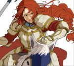  1girl armor axe battle braid couter fire_emblem fire_emblem:_path_of_radiance frown gauntlets green_eyes highres holding holding_axe horse horseback_riding long_hair pauldrons red_shirt redhead riding scowl shirt shoulder_armor single_braid solo sutekina_yari titania_(fire_emblem) vambraces white_armor white_background white_horse 