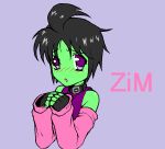  2000s_(style) ahoge arm_warmers black_hair blush character_name collar colored_skin commentary dreamscreep english_commentary fingerless_gloves gender_request gloves green_skin invader_zim open_mouth parted_bangs self-upload solo violet_eyes zim_(invader_zim) 