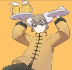  1girl alcohol beer beer_mug blush_stickers bou brown_hair bun_cover chinese_clothes commentary_request cup double_bun food fuu-chan_(fuu-chan_no_ana) fuu-chan_no_ana green_eyes hair_bun holding holding_tray mug smile solo tray upper_body 