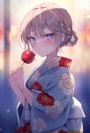  1girl blue_kimono blurry blurry_background blush braid brown_hair candy_apple commentary_request depth_of_field ebihara_beniko floral_print food hair_between_eyes hair_bun hands_up highres holding holding_food japanese_clothes kimono long_sleeves looking_at_viewer obi original parted_lips print_kimono sash solo striped striped_kimono vertical-striped_kimono vertical_stripes violet_eyes wide_sleeves yukata 