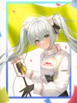  1girl absurdres black_gloves black_shirt blue_eyes blue_hair closed_mouth confetti cropped_jacket flag gloves goodsmile_racing hair_between_eyes hair_ornament hatsune_miku headset highres holding holding_flag hylogic jacket light_blue_hair light_blush long_sleeves looking_at_viewer outside_border racing_miku racing_miku_(2022) shirt smile solo twintails two-tone_gloves upper_body vocaloid white_jacket yellow_gloves 