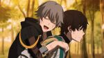  2boys ahoge black_hair black_jacket blurry blurry_background caelus_(honkai:_star_rail) carrying chinese_clothes closed_eyes closed_mouth coat dan_heng_(honkai:_star_rail) dan_heng_(imbibitor_lunae)_(honkai:_star_rail) earrings frown green_eyes honkai:_star_rail honkai_(series) jacket jewelry long_sleeves lower_teeth_only male_focus multiple_boys open_mouth outdoors piggyback sapa1786778265 teeth trailblazer_(honkai:_star_rail) tree upper_body v-shaped_eyebrows white_coat 