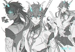  1boy bare_shoulders black_hair chinese_clothes dan_heng_(honkai:_star_rail) dan_heng_(imbibitor_lunae)_(honkai:_star_rail) dragon_boy dragon_horns earrings eyeshadow giri_az green_eyes greyscale honkai:_star_rail honkai_(series) horns jewelry long_hair looking_at_viewer makeup male_focus monochrome official_alternate_costume official_alternate_hairstyle pointy_ears polearm red_eyeshadow simple_background spear weapon white_background 