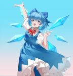  1girl :d absurdres arm_up blue_bow blue_dress blue_eyes blue_hair blush bow bowtie chinese_commentary cirno collared_shirt commentary_request detached_wings dress feet_out_of_frame frilled_dress frills hair_bow highres huoqia ice ice_wings looking_at_viewer open_mouth puffy_short_sleeves puffy_sleeves red_bow red_bowtie shirt short_hair short_sleeves smile solo touhou weibo_logo weibo_username white_shirt wings 