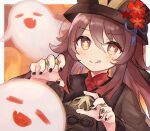  1girl black_nails blush boo_tao_(genshin_impact) border bright_pupils brown_coat brown_hair brown_headwear closed_mouth coat flower flower-shaped_pupils genshin_impact ghost hair_between_eyes hat hat_flower hat_tassel hu_tao_(genshin_impact) long_hair looking_at_viewer orange_background orange_eyes solo symbol-shaped_pupils twintails white_border white_pupils yuru_kokko 