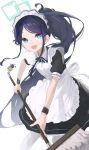  1girl absurdly_long_hair apron aqua_eyes aris_(blue_archive) aris_(maid)_(blue_archive) black_dress black_hair blue_archive broom collared_dress dress feet_out_of_frame flat_chest had_(had314) halo highres holding holding_broom long_hair looking_at_viewer maid_apron maid_headdress open_mouth pantyhose short_sleeves side_ponytail smile solo standing twitter_username very_long_hair white_pantyhose wrist_cuffs 