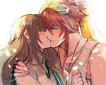  1boy 1girl black_gloves black_ribbon blush brown_hair cardia_beckford closed_eyes code:realize fingerless_gloves gloves goggles goggles_on_head green_eyes highres impey_barbicane jewelry kash-phia kiss long_hair necklace ribbon shirt upper_body white_background white_shirt 