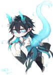  1boy aqua_eyes back black_footwear black_hair chibi chinese_clothes dan_heng_(honkai:_star_rail) dan_heng_(imbibitor_lunae)_(honkai:_star_rail) dragon_horns dragon_tail earrings highres honkai:_star_rail honkai_(series) horns jewelry koukai_sita long_hair male_focus pointy_ears red_eyeliner simple_background solo tail water white_background 