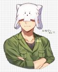  1boy animal_hat character_request closed_mouth copyright_request crossed_arms green_shirt hat highres male_focus mochi_ggg shirt smile solo white_headwear 