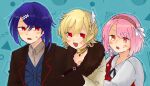  1boy 2girls alcryst_(fire_emblem) blonde_hair blue_hair blush citrinne_(fire_emblem) earrings feather_hair_ornament feathers fire_emblem fire_emblem_engage fur_trim hair_between_eyes hair_ornament hair_ribbon hairband hairclip ichgomi jewelry lapis_(fire_emblem) long_sleeves looking_at_another multiple_girls necklace official_alternate_costume open_mouth pink_eyes pink_hair red_eyes ribbon short_hair simple_background white_ribbon 