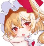  1girl blonde_hair crossed_arms fangs flandre_scarlet frilled_sleeves frills hair_between_eyes hat looking_at_viewer medium_hair mob_cap open_mouth pointy_ears puffy_short_sleeves puffy_sleeves red_eyes sakizaki_saki-p shirt short_sleeves solo teeth touhou twitter_username white_background white_headwear white_shirt 