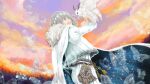  1boy belt_pouch blanca_(fate) blue_eyes bob_cut bug butterfly cape cloak coat crown diamond_hairband fate/grand_order fate_(series) fur-trimmed_cape fur-trimmed_cloak fur-trimmed_coat fur_trim gradient_sky grey_hair highres long_sleeves moth oberon_(fate) official_art pouch puffy_sleeves sky umino_chika white_cape white_cloak 