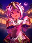 1girl agnes_digital_(lovely_jiangshi)_(umamusume) agnes_digital_(umamusume) agnes_digital_(umamusume)_(cosplay) animal_ears blurry blurry_background building bun_cover cosplay crescent_moon detached_sleeves double_bun dress hair_bun hair_intakes hands_up hat highres horse_ears looking_at_viewer moko39_takasora moon night ofuda open_mouth outdoors pink_dress pink_eyes pink_hair qing_guanmao sleeveless sleeveless_dress sleeves_past_fingers sleeves_past_wrists smile solo symbol-shaped_pupils umamusume upper_body v-shaped_eyebrows 