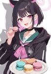  1girl animal_ears black_choker black_hair black_hoodie blue_archive blush cat_ears choker collarbone colored_inner_hair commentary food giving green_sailor_collar halo hand_up highres holding holding_food holding_plate hood hood_down hoodie kazusa_(blue_archive) long_sleeves looking_at_viewer macaron multicolored_hair neckerchief open_mouth pink_eyes pink_hair pink_halo pink_neckerchief plate raimu_(clanberry000) sailor_collar shadow short_hair simple_background smile solo teeth tongue upper_teeth_only white_background 