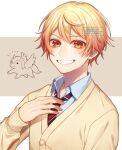  1boy black_necktie blonde_hair highres long_sleeves male_focus mochi_ggg multicolored_hair necktie orange_eyes orange_hair project_sekai short_hair smile solo striped_necktie sweater teeth tenma_tsukasa unicorn yellow_sweater 