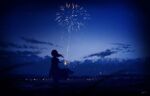  1girl absurdres blue_sky blurry blurry_foreground city_lights clouds cloudy_sky dress fireworks floating_clothes floating_hair forced_perspective highres holding_fireworks landscape mountainous_horizon night night_sky original outdoors scenery signature silhouette sky skyrick9413 solo sparkler star_(sky) wide_shot 