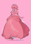  1girl brooch crown dress earrings elbow_gloves full_body gloves highres jewelry looking_at_viewer pink_background pink_dress pink_footwear pink_gloves pink_gold_peach pink_theme princess_peach puffy_short_sleeves puffy_sleeves saiwo_(saiwoproject) short_sleeves simple_background solo sphere_earrings super_mario_bros. 