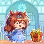  1girl an_oath_to_my_dear_challengers_(umamusume) animal_ears antenna_hair blue_dress blush_stickers box bridal_veil brown_hair chibi collarbone commentary daiwa_scarlet_(something_blue)_(umamusume) daiwa_scarlet_(umamusume) dress fang flower gift gift_box hair_between_eyes hair_flower hair_intakes hair_ornament horse_ears horse_girl horse_tail lace-trimmed_veil lace_trim layered_dress long_hair mbd_liangcha off-shoulder_dress off_shoulder official_alternate_costume official_alternate_hairstyle open_mouth outline pink_flower pink_rose rose solo tail tiara twitter_username umamusume veil violet_eyes wedding_dress 