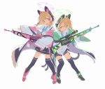  2girls absurdres animal_ear_headphones animal_ears black_shorts black_skirt black_thighhighs blonde_hair blue_archive cat_ear_headphones closed_mouth coat fake_animal_ears full_body green_eyes gun halo headphones highres holding holding_gun holding_weapon long_sleeves looking_at_viewer midori_(blue_archive) momoi_(blue_archive) multiple_girls open_clothes open_coat open_mouth pink_eyes shirt shorts siblings simple_background sisters skirt sleeves_past_wrists thigh-highs twins weapon white_background white_coat white_shirt yuyin_(uzrv7533) 